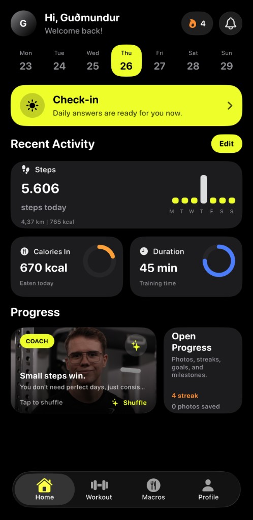 GF Training app — æfingaplön, makró og mælingar á iPhone
